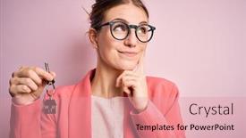  Presentation with house key - Presentation theme having young-beautiful-redhead-house-agent background and a coral colored foreground