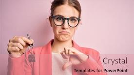  Presentation with house key - Beautiful PPT theme featuring young-beautiful-redhead-house-agent backdrop and a coral colored foreground