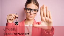  Presentation with house key - Slides consisting of young-beautiful-redhead-house-agent background and a red colored foreground