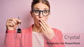  Presentation with secret agent - Cool new PPT theme with young-beautiful-redhead-house-agent backdrop and a coral colored foreground