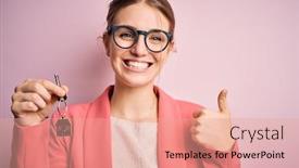  Presentation with house key - Cool new slides with young-beautiful-redhead-house-agent backdrop and a coral colored foreground