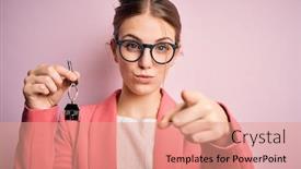  Presentation with house key - Cool new presentation theme with young-beautiful-redhead-house-agent backdrop and a coral colored foreground