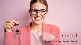  Presentation with house key - Audience pleasing slides consisting of young-beautiful-redhead-house-agent backdrop and a coral colored foreground