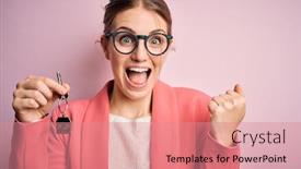  Presentation with house key - PPT theme consisting of young-beautiful-redhead-house-agent background and a coral colored foreground