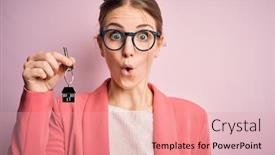 Presentation with house key - Cool new presentation theme with young-beautiful-redhead-house-agent backdrop and a coral colored foreground