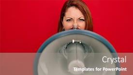  Presentation with speaker - Slide set with young-beautiful-redhead-speaker-woman background and a gray colored foreground