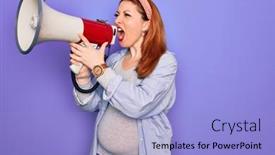  Presentation with pregnant woman - Audience pleasing slides consisting of young-beautiful-redhead-speaker-woman backdrop and a light blue colored foreground
