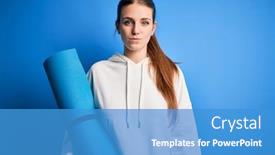  Presentation with sport blue - Cool new slides with young-beautiful-redhead-sporty-woman backdrop and a teal colored foreground