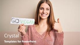  Presentation with vegan food - PPT theme consisting of young-beautiful-redhead-woman-asking background and a coral colored foreground