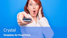  Presentation with open channel - PPT layouts with young-beautiful-redhead-woman-changing background and a cobalt blue colored foreground