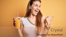  Presentation with healthy juice - Beautiful PPT theme featuring young-beautiful-redhead-woman-drinking backdrop and a coral colored foreground
