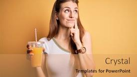  Presentation with healthy juice - Slide set with young-beautiful-redhead-woman-drinking background and a coral colored foreground