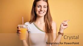 Presentation with healthy juice - Theme having young-beautiful-redhead-woman-drinking background and a coral colored foreground