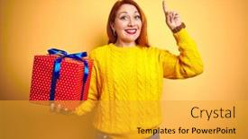  Presentation with happy birthday - PPT theme having young beautiful redhead woman holding birthday gift over yellow isolated background surprised with an idea or question pointing finger with happy face number one background and a gold colored foreground