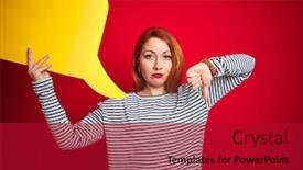  Presentation with negative - Slide deck enhanced with redhead woman holding yellow speech background and a crimson colored foreground
