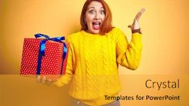  Presentation with happy birthday - PPT layouts with young beautiful redhead woman holding birthday gift over yellow isolated background very happy and excited winner expression celebrating victory screaming with big smile and raised hands background and a gold colored foreground