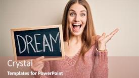  Presentation with hands holding - Audience pleasing theme consisting of young-beautiful-redhead-woman-holding backdrop and a coral colored foreground