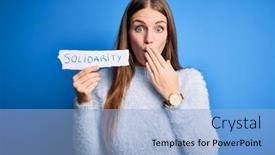  Presentation with solidarity - PPT theme having young-beautiful-redhead-woman-holding background and a light blue colored foreground