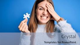  Presentation with hand holding puzzle piece - Cool new PPT theme with young-beautiful-redhead-woman-holding backdrop and a light blue colored foreground