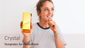  Presentation with question - PPT layouts with young-beautiful-redhead-woman-holding background and a soft green colored foreground