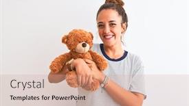  Presentation with teddy bear - Slides having young-beautiful-redhead-woman-holding background and a soft green colored foreground