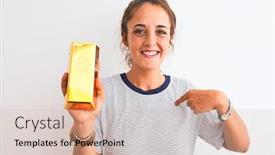  Presentation with gold - Slides having young-beautiful-redhead-woman-holding background and a soft green colored foreground