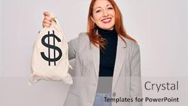  Presentation with dollar sign - Slide deck featuring young-beautiful-redhead-woman-holding background and a light gray colored foreground