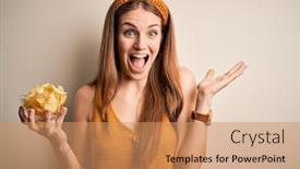  Presentation with potato chips - Colorful presentation theme enhanced with young-beautiful-redhead-woman-holding backdrop and a coral colored foreground