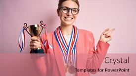  Presentation with trophy award hand holding - Theme consisting of young-beautiful-redhead-woman-holding background and a coral colored foreground