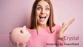  Presentation with woman piggy bank isolated - Amazing presentation theme having young-beautiful-redhead-woman-holding backdrop and a coral colored foreground
