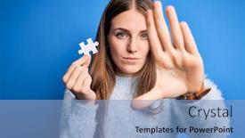  Presentation with hand holding puzzle piece - Cool new theme with young-beautiful-redhead-woman-holding backdrop and a light blue colored foreground