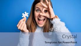  Presentation with hand holding puzzle piece - PPT layouts enhanced with young-beautiful-redhead-woman-holding background and a light blue colored foreground