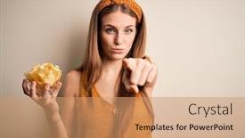  Presentation with potato chips - Colorful slide set enhanced with young-beautiful-redhead-woman-holding backdrop and a coral colored foreground