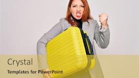  Presentation with business travel - Audience pleasing presentation theme consisting of young-beautiful-redhead-woman-holding backdrop and a gold colored foreground