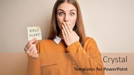  Presentation with alert - PPT theme with young-beautiful-redhead-woman-holding background and a coral colored foreground