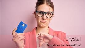  Presentation with credit card - PPT theme enhanced with young-beautiful-redhead-woman-holding background and a coral colored foreground