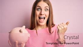  Presentation with woman piggy bank isolated - Cool new PPT theme with young-beautiful-redhead-woman-holding backdrop and a coral colored foreground