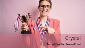  Presentation with trophy - PPT theme enhanced with young-beautiful-redhead-woman-holding background and a coral colored foreground
