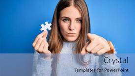  Presentation with hand holding puzzle piece - Colorful slide deck enhanced with young-beautiful-redhead-woman-holding backdrop and a light blue colored foreground