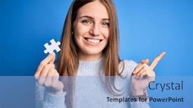  Presentation with hand holding puzzle piece - Beautiful PPT theme featuring young-beautiful-redhead-woman-holding backdrop and a light blue colored foreground