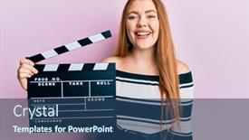  Presentation with clapboard - PPT theme with young-beautiful-redhead-woman-holding background and a ocean colored foreground