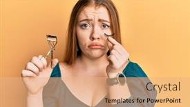  Presentation with woman crying - Cool new slide deck with young-beautiful-redhead-woman-holding backdrop and a coral colored foreground