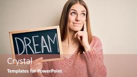  Presentation with question word - PPT layouts with young-beautiful-redhead-woman-holding background and a coral colored foreground