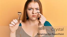  Presentation with negative - Slide set featuring young-beautiful-redhead-woman-holding background and a coral colored foreground