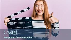  Presentation with clapboard - Cool new PPT theme with young-beautiful-redhead-woman-holding backdrop and a ocean colored foreground