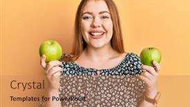  Presentation with green apples - PPT layouts with young-beautiful-redhead-woman-holding background and a coral colored foreground