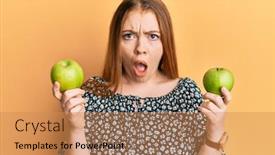  Presentation with green apples - Presentation theme enhanced with young-beautiful-redhead-woman-holding background and a coral colored foreground