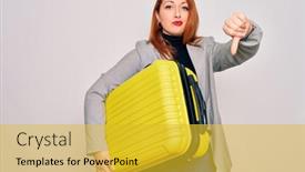  Presentation with business travel - Amazing PPT theme having young-beautiful-redhead-woman-holding backdrop and a yellow colored foreground