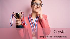  Presentation with trophy - Cool new slide deck with young-beautiful-redhead-woman-holding backdrop and a coral colored foreground
