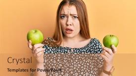  Presentation with green apples - Presentation having young-beautiful-redhead-woman-holding background and a coral colored foreground